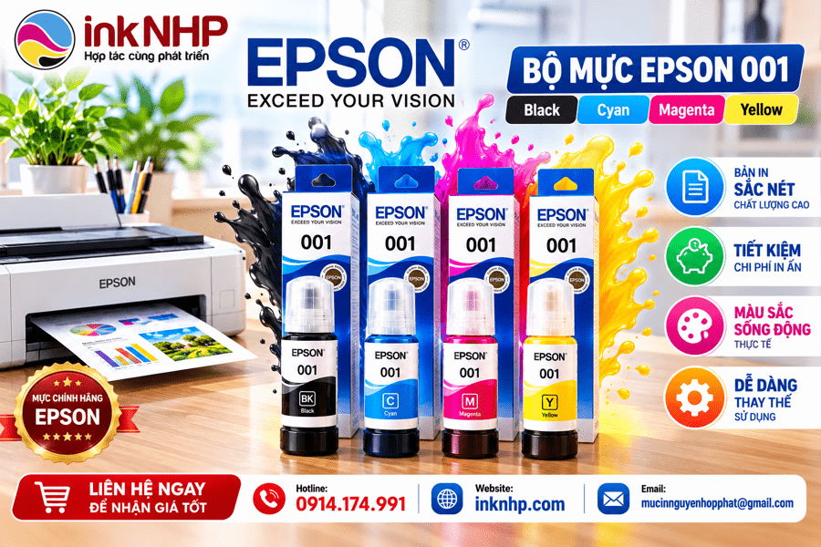 Bộ mực máy in Epson 001 chính hãng 4 màu Black, Cyan, Yellow, Magenta Bộ mực máy in Epson 001 chính hãng 4 màu Black, Cyan, Yellow, Magenta